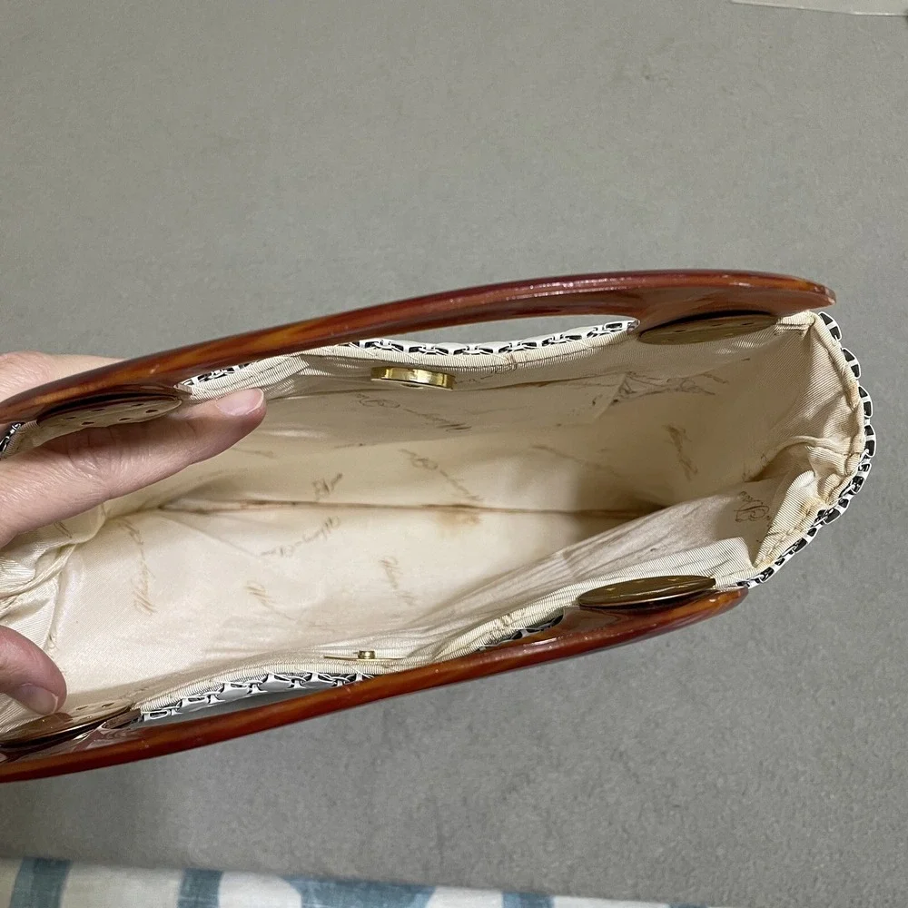 Vintage Purse Cream Mesh Tote Lucite Wood‎ Grain Handles Whiting And Davis Glam
